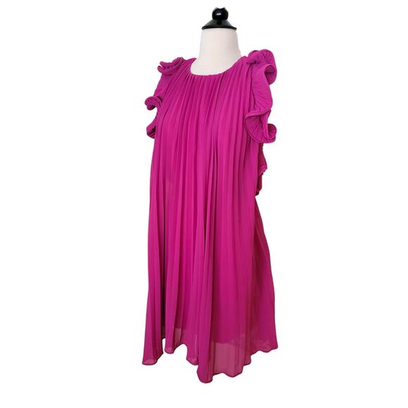 Amur Mimi Mini Dress Pleated Pink Magenta Peacock Chiffon Halter Ruffles 12 - Picture 7 of 15
